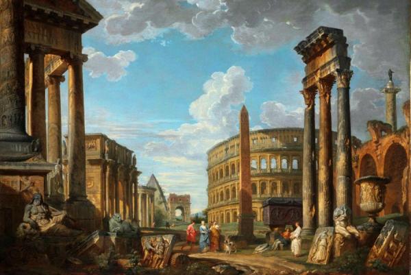 An Architectural Capriccio With Figures Among Roman Ruins by Giovanni Paolo Panini