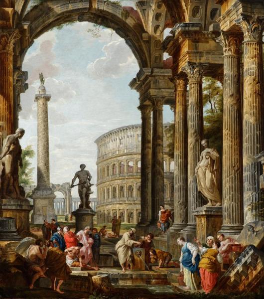 An Architectural Capriccio With The Philosopher Diogenes And Other Figures By A Fountain by Giovanni Paolo Panini