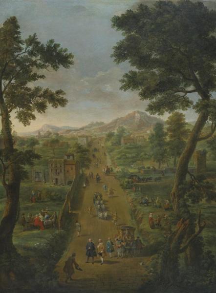 An Extensive Landscape With Carriages And Elegant Figures On A Road by Giovanni Paolo Panini Oil Painting Reproductions