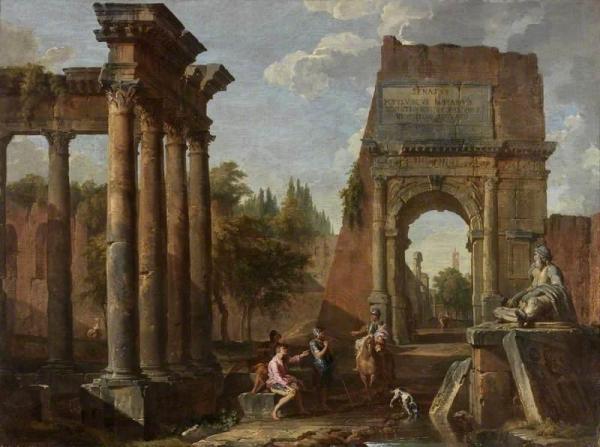 Architectural Capriccio, Arch Of Titus With Figures by Giovanni Paolo Panini