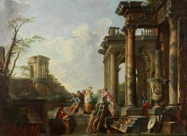 Architectural Capriccio, Roman Ruins With Figures by Giovanni Paolo Panini Oil Painting Reproductions
