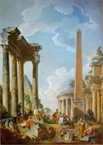 Architectural Capriccio With A Preacher In Roman Ruins by Giovanni Paolo Panini