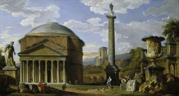 Capriccio Of Roman Ruins With The Pantheon by Giovanni Paolo Panini Oil Painting Reproductions