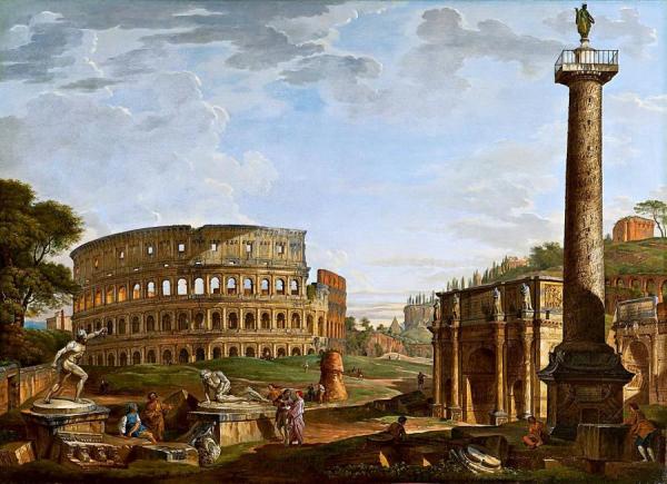 Capriccio With A View Of The Colosseum And The Arch Of Constantine by Giovanni Paolo Panini Oil Painting Reproductions