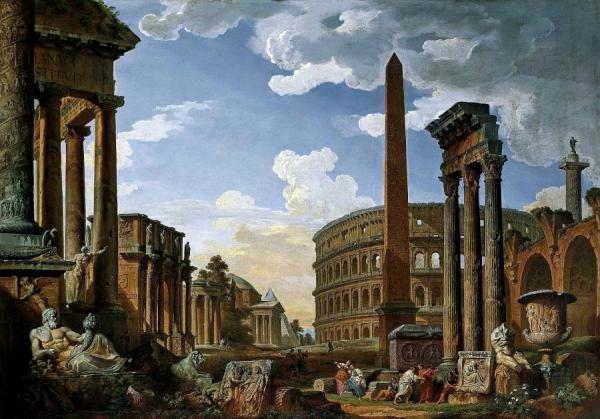 Giovanni Paolo Panini Capriccio With The Most Important Monuments And Sculptures Of Ancient Rome