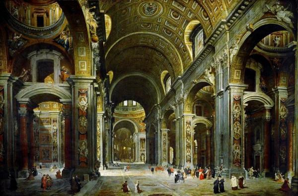 Cardinal Melchior De Polignac Visiting St. Peter's In Rome by Giovanni Paolo Panini
