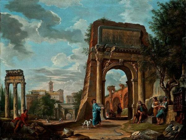 The Roman Forum With The Arch Of Titus, With Figures And The Capitoline Hill In The Background by Giovanni Paolo Panini