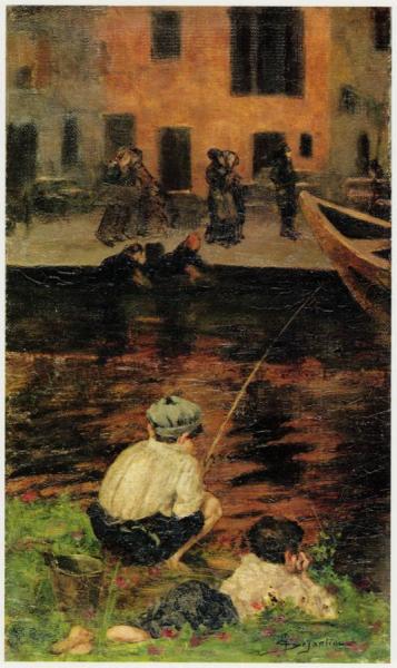 Canal Naviglio With Two Fishing Boys by Giovanni Segantini
