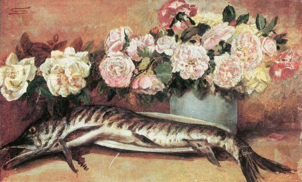 Natura Morta Con Fiori E Pesce by Giovanni Segantini