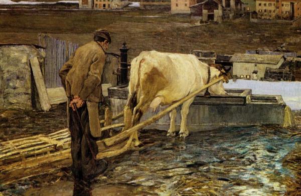 The Snowmelt In Savognin by Giovanni Segantini