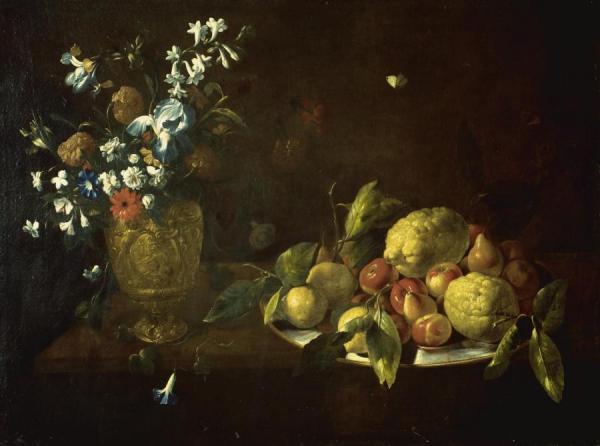 Still Life With Fruit Piled High On A Plate Beside A Bronze Urn Filled With Flowers by Giovanni Stanchi