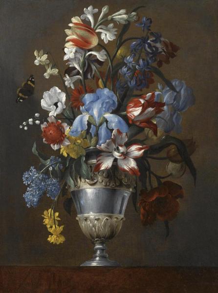Still Life With Tulips, Narcissi, Irises, Lilies And Other Flowers In An Ornate Metal Vase On A Ledge by Giovanni Stanchi