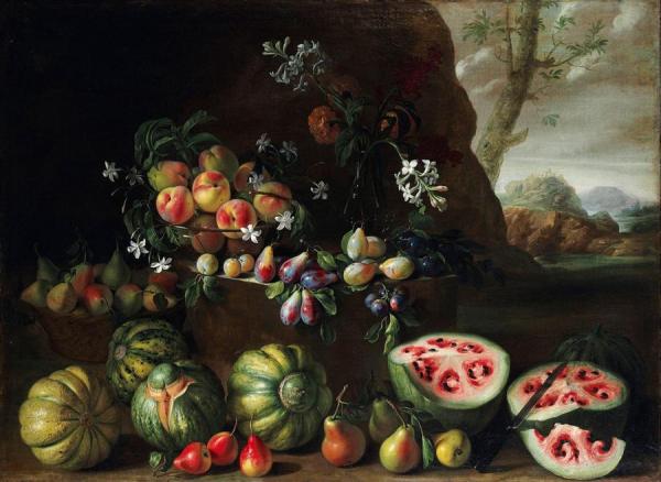 Watermelons, Peaches, Pears And Other Fruit In A Landscape by Giovanni Stanchi