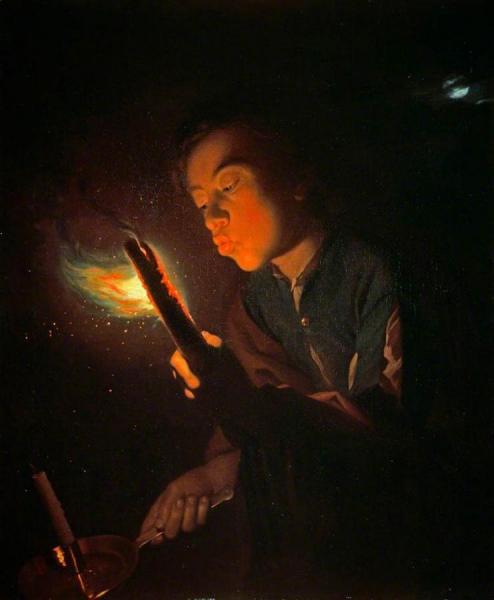 A Boy Blowing On A Firebrand To Light A Candle by Godfried Schalcken