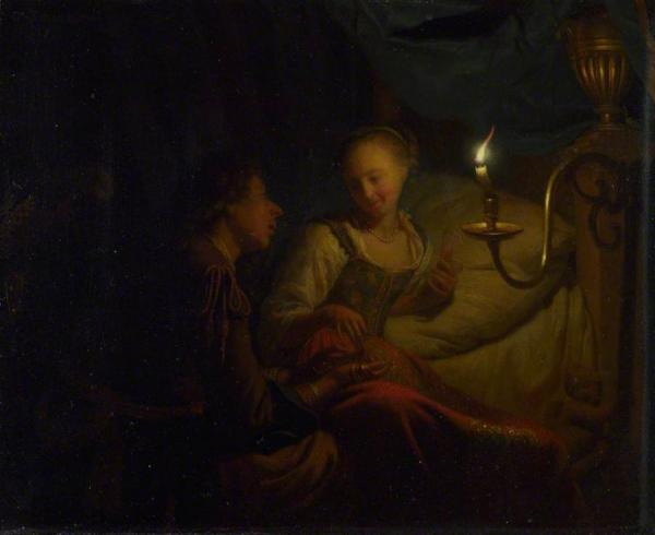 A Candlelight Scene: A Man Offering A Gold Chain And Coins To A Girl Seated On A Bed by Godfried Schalcken