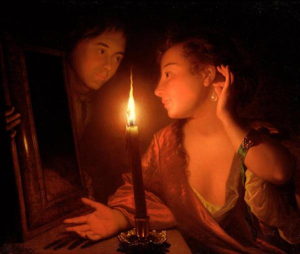 A Lady Admiring An Earring By Candlelight by Godfried Schalcken