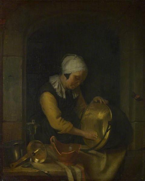 An Old Woman Scouring A Pot by Godfried Schalcken