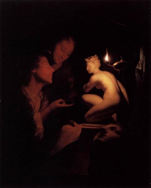 Artist And Model Looking At An Ancient Statue By Lamplight by Godfried Schalcken