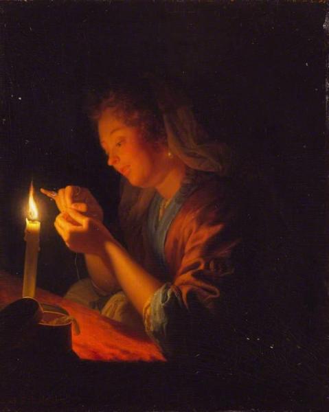 Girl Threading A Needle By Candlelight by Godfried Schalcken