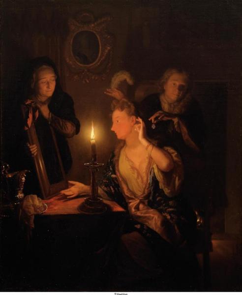 Lady At The Mirror In The Candlelight by Godfried Schalcken