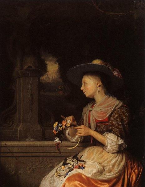 Young Woman Weaving A Garland by Godfried Schalcken