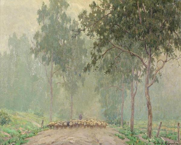 A Shepherd And His Flock In The Early Morning Mist by Granville Redmond