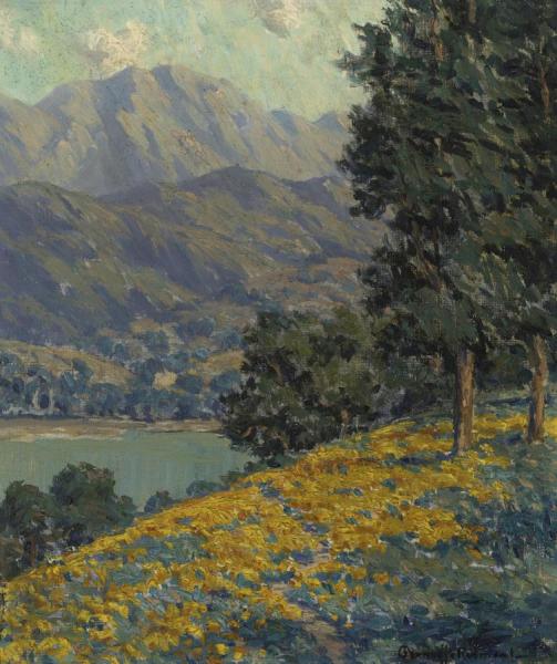 California Poppies With A Lake And Mountains Beyond by Granville Redmond