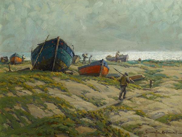 Fishermen And Fishing Boats On The Shore by Granville Redmond