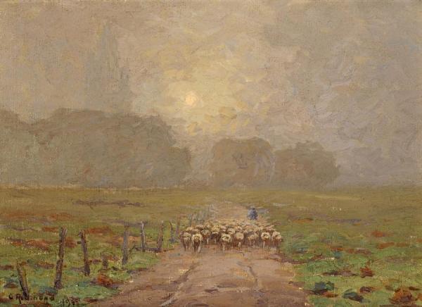 Shepherd Herding Sheep In A Misty Landscape, 1911 by Granville Redmond
