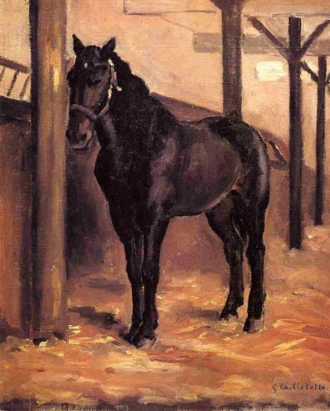 Yerres, Dark Bay Horse In The Stable by Gustave Caillebotte