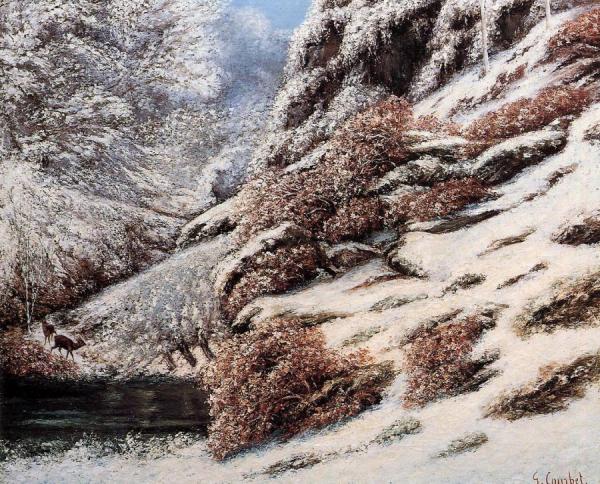 Deer In A Snowy Landscape by Gustave Courbet