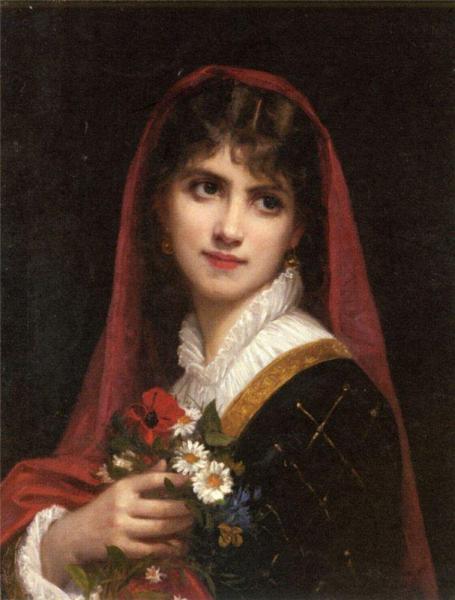 A Young Beauty Wearing A Red Veil by Gustave Doyen