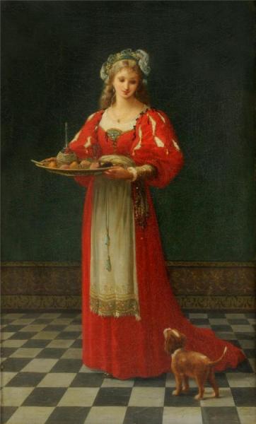 Interior Scene With A Girl Holding A Tray Of Fruit With A Dog By Her Side by Gustave Doyen