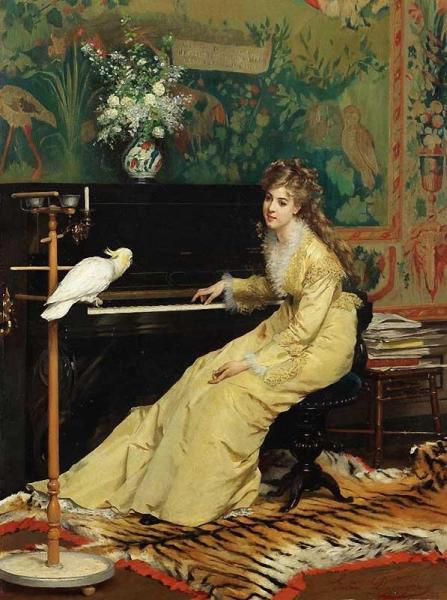 Gustave-leonard De Jonghe Woman At The Piano With A Cockatoo