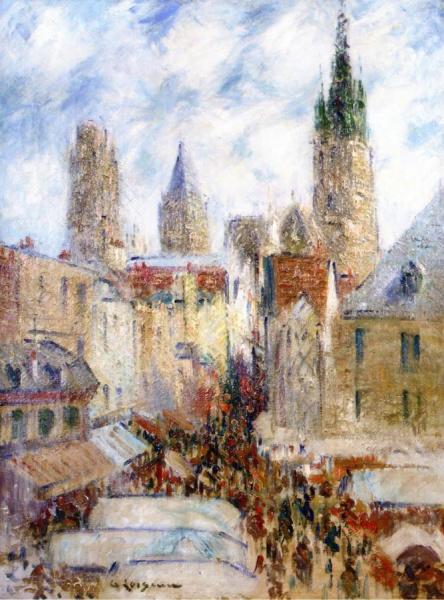 Rue De L'epicerie In Rouen, Market Day by Gustave Loiseau
