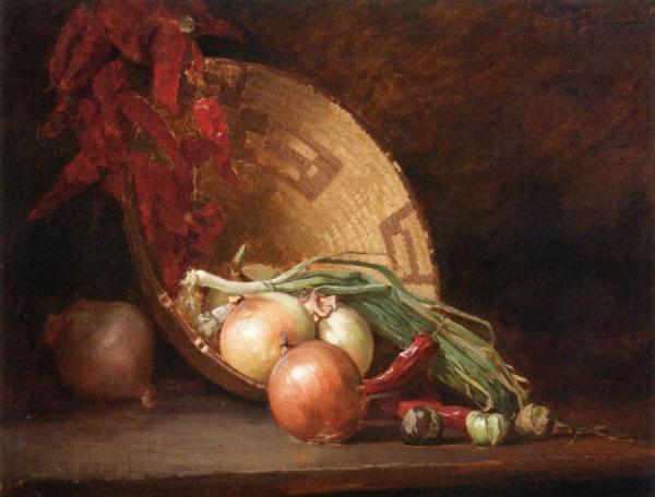 Still Life With Onions, Peppers And Basket by Guy Orlando Rose