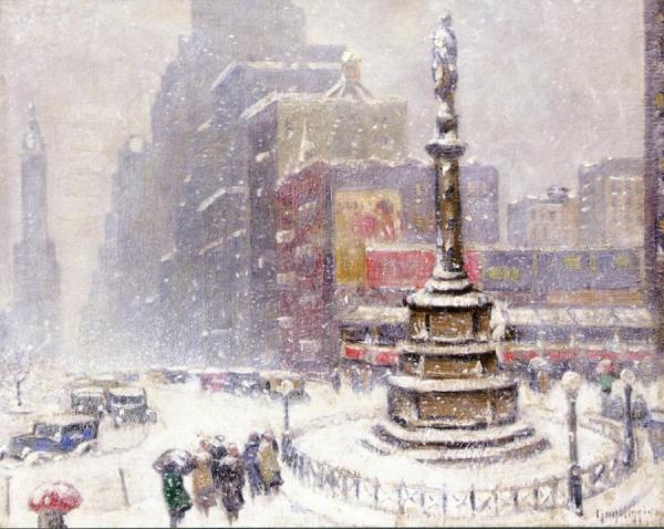 Blizzard At Columbus Circle by Guy Wiggins Oil Painting Reproductions