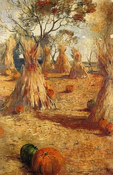 Haystacks And Pumpkins by Guy Wiggins Oil Painting Reproductions