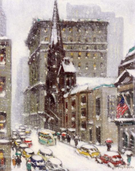 Looking Down Fifth Avenue, Winter, New York by Guy Wiggins Oil Painting Reproductions