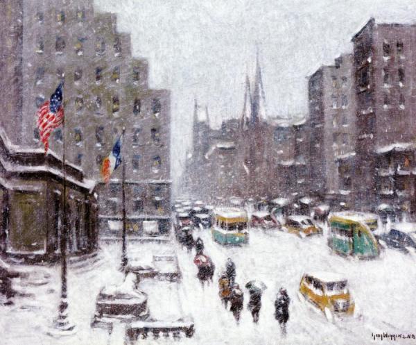 Winter On Fifth Avenue At 42nd Street by Guy Wiggins