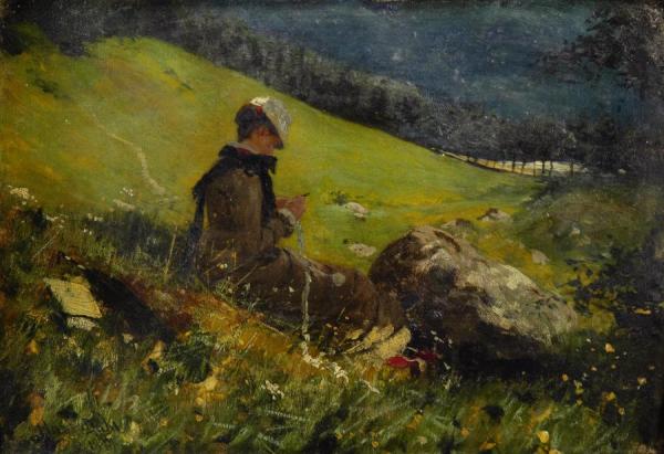 Girl In A Field Knitting(1879) by Hans Andreas Dahl
