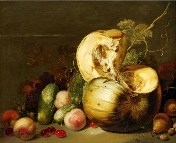 A Still Life With A Pumpkin, Peachs, Grapes, Cherries And Other Fruits by Hans Bollongier