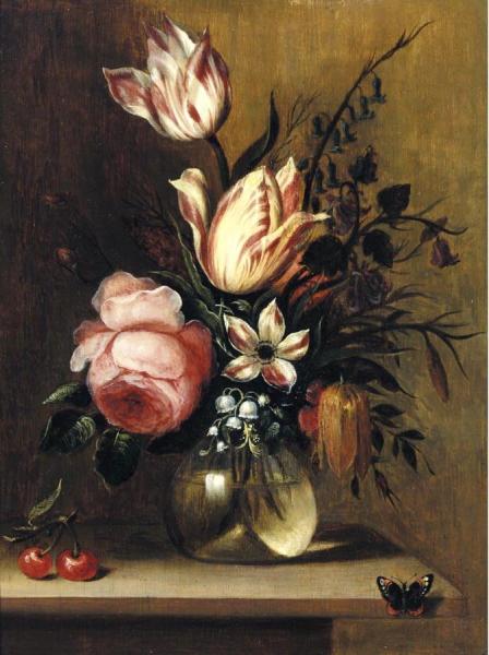 A Still Life With Tulips, A Pink Rose And Other Flowers In A Vase by Hans Bollongier Oil Painting Reproductions