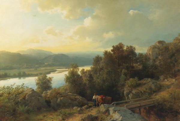 A Lakeside Landscape by Hans Gude