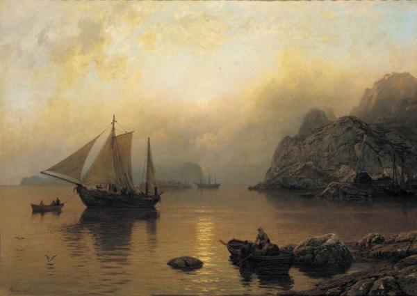 Fishing Party At Sunrise by Hans Gude Oil Painting Reproductions