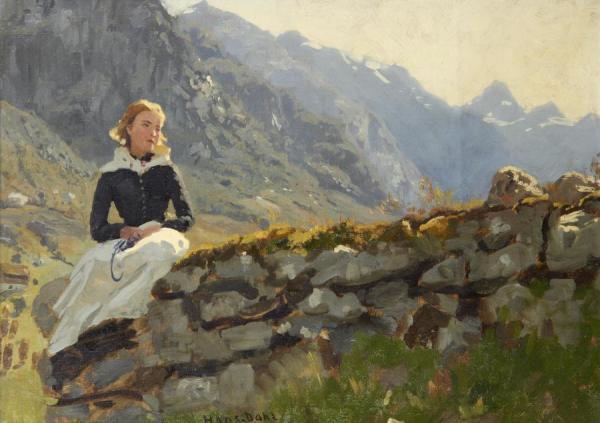 Girl Seated On A Stone Wall by Hans Gude