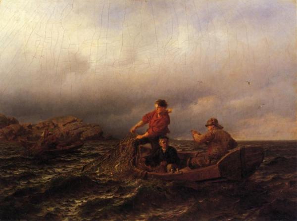 Hauling In The Nets by Hans Gude Oil Painting Reproductions