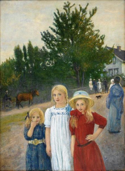 Street Scene With Three Girls by Hans Heyerdahl Oil Painting Reproductions