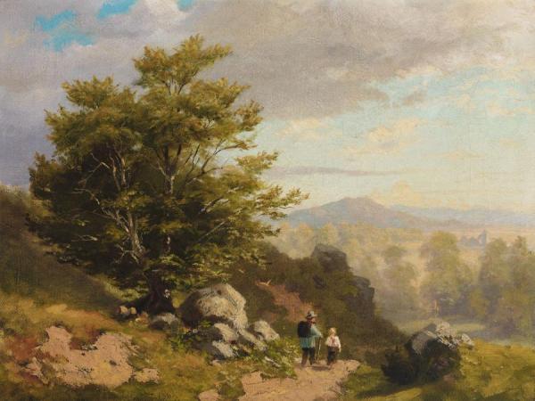 Alpine Landscape With Two Hikers On A Sunny Summer Day by Hans Thoma
