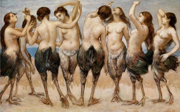 Eight Dancing Women With Bird Bodies by Hans Thoma Oil Painting Reproductions